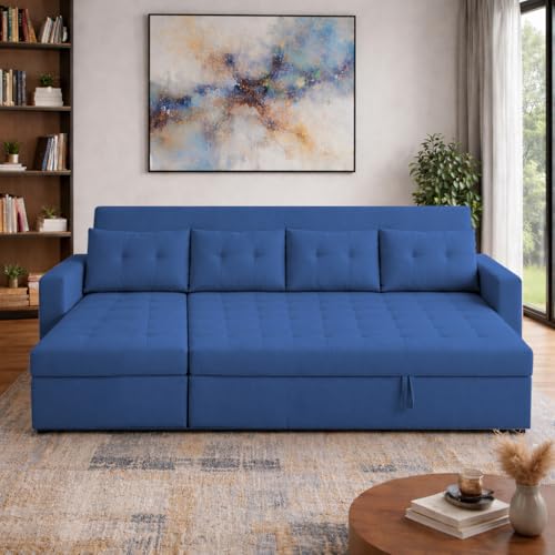 Image of Emilio 6 Seater LHS L - Shape Pull-Out Sofa Cum Bed Sofa for Living Room (Blue Fabric Color) Premium Fabric Sofa Set for Living Room Sofa Cum Bed