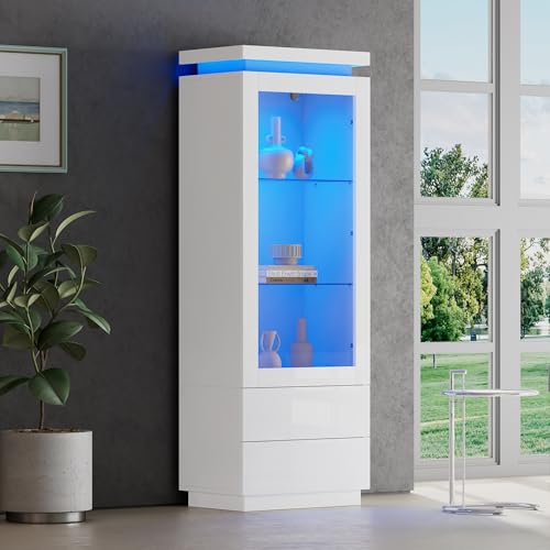 Merax Vitrinenschrank Transparente Vitrine mit LED, Hochschrank Hochglanz Weiß mit Acryltür, 2 Glasboden, 2 Schubladen, Minimalistischer Stil, Sammlervitrine Bücherregal für Wohnzimmer Büro, 171cm Merax Vitrinenschrank Transparente Vitrine mit LED, Hochschrank Hochglanz Weiß mit Acryltür, 2 Glasboden, 2 Schubladen, Minimalistischer Stil, Sammlervitrine Bücherregal für Wohnzimmer Büro, 171cm