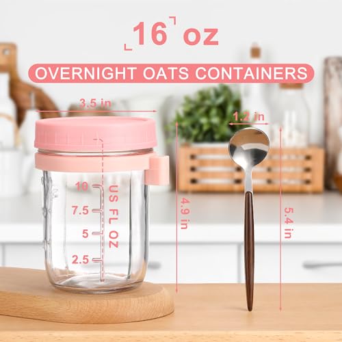 Image of 16 oz Glass Mason Overnight Oats Jars, Large Capacity Airtight Jars for Milk, Cereal, Fruit (Pink-2Pcs) 2 Pack Overnight Oats Containers with Lids and Spoon