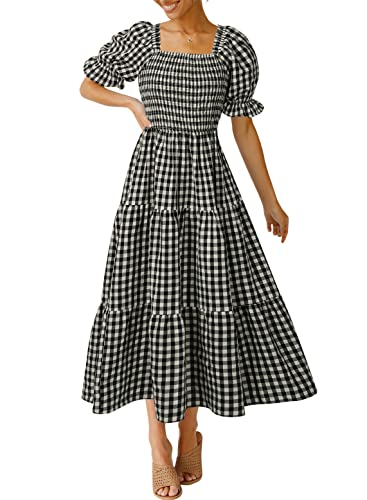 Image of ZESICA Women's 2026 Boho Summer Dresses Gingham Puff Sleeve Square Neck Flowy Beach Midi Dress