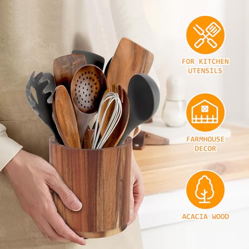Portautensili in legno di acacia per bancone da cucina, girevole a 360°,Organizer Per Utensili Da Lavoro,Organizer Da Cucina in legno rustico - immagine 5