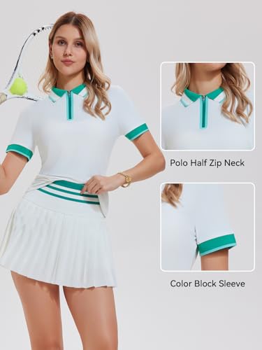 Image of Tennis Skirt Sets for Women Zipper Color Block High Waisted Golf Polo Two Piece Skirt Set Women 2 Piece Outfits