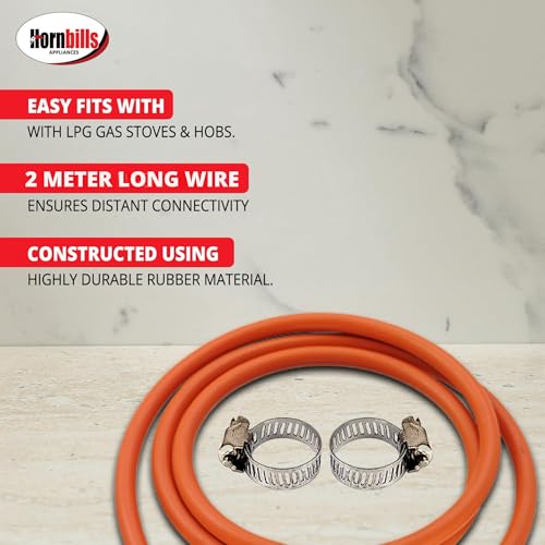 Image of Hornbills Gas Pipe 2 Meter with ISI Certified LPG Cylinder Hose Pipe Flame Resistant Fine Quality, Leak Proof, Rat bite-Proof, Crackproof Made with Reinforced Steel Wire 5 Years Warranty (with Clip)