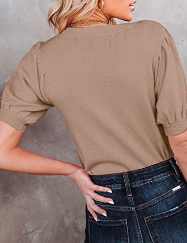 Image of Womens Puff Short Sleeve Sweater Tops Crewneck Basic Knit Pullover Lightweight Casual Sweaters
