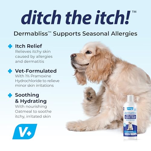 Vetnique Labs Dermabliss Dog Allergy and Itch Relief, Skin and Coat Health Supplements and Grooming Supplies with Omega 3-6-9, Biotin - Ditch The Itch (Itch Relief, 16oz Shampoo)