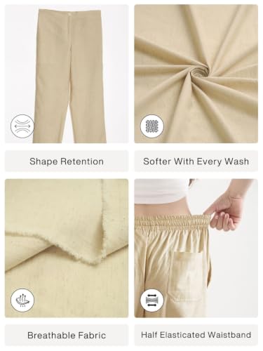 Image of SAADAA Women's Airy Linen Straight Pants | Regular Fit Trousers | Half Elasticated with Drawstrings & Buttons | 4 Pockets | Everyday & Office Wear