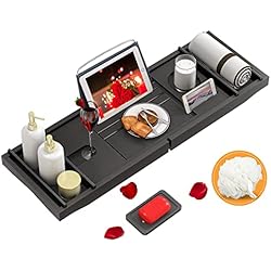 Domax Bathtub Caddy Tray Expandable Bamboo Tub Tray for Luxury Bath with Book Holder and Free Soap Dish Black