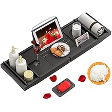 Domax Bathtub Caddy Tray Expandable Bamboo Tub Tray for Luxury Bath with Book Holder and Free Soap Dish Black