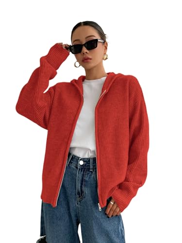 Image of SOLY HUX Zip Up Cardigan for Women Hooded Cardigan Sweater Knitted Drop Shoulder Fall Clothes Winter Hoodies Outerwear