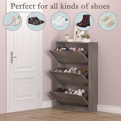 Shoe Cabinet with 3 Flip Drawers, Hidden Wood Shoe Cabinet,Freestanding Shoe Storage Cabinet for Entryway Hallway