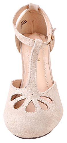Chase & Chloe New Kimmy-36 Women's Teardrop Cut Out T-Strap Mid Heel Dress Pumps (8 M US, Nude Suede)3