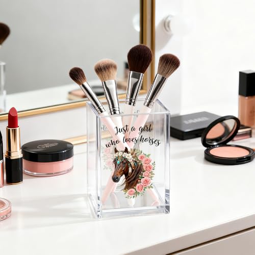 Image of Just A Girl Who Loves Horses Acrylic Pen Holder Cosmetic Organizer, Funny Horseback Riding Pen Pencil Holders for Desk, Equestrian Gifts Makeup Brush Organizer, Horse Lover Desk Accessories