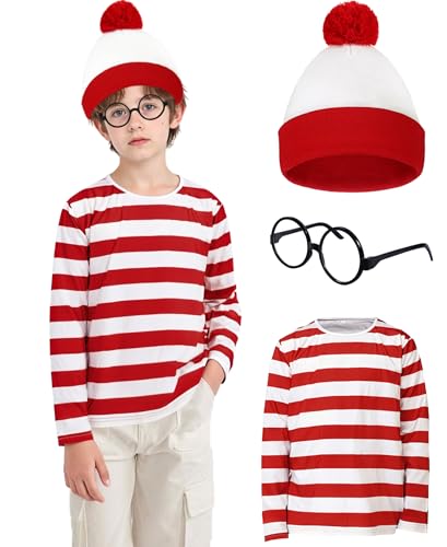 Oiziuzio Red & White Striped Long Sleeve Shirt 3Pcs Set Classic Striped Top with Hat Glasses Funny Halloween Cosplay Outfit, XL