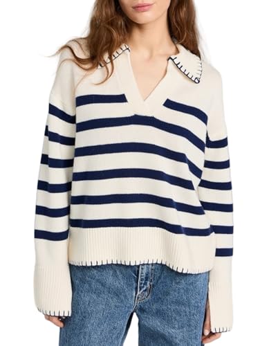 Image of Kedera Women's Casual Striped Pullover Sweater Long Sleeve Polo V Neck Lightweight Loose Fit Knit Jumper Tops, Small