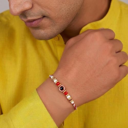 Image of Peora Evil Eye & Crystals Studded Rakhi for Brother Bhaiya | Red Thread | Raksha Bandhan Hamper with Roli Chawal Greeting Card