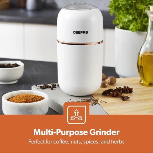 Geepas Coffee Grinder 80 g Capacity | Stainless Steel Bowl & Double Blades | Electric Dried Spice Nuts Herbs Beans Coffee Grinder | Small Fixed Mill with Transparent Lid | 2 Year Warranty, 200W, White