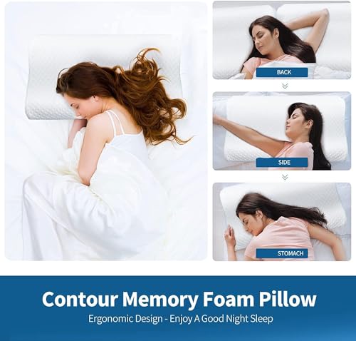 Image of ๐๐ข๐ฆ๐ ๐๐ฅ Memory Foam Pillow, Contour Cervical Orthopedic Memory Foam Pillows Supports Neck Pain and Shoulder Pain for Sleeping, Ergonomic Cervical Neck Support Pillow (C - White)