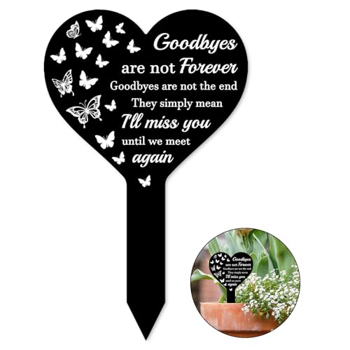 ORIGACH Marcadores acrílicos de corazón para tumbas de cementerio Goodbyes Are Not Forever, placa conmemorativa impermeable, estaca conmemorativa para cementerio al aire libre, patio, jardín, patrón