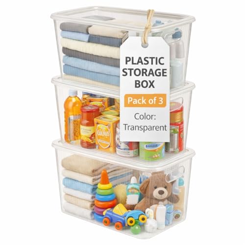 Image of Plastic Storage Box with Lid - Large Stackable Organizer Storage Box for Clothes, Toys, Kitchen - Big Size Plastic Storage Container Basket for Home, Office, Bathroom(Large,3pcs,Transparent)