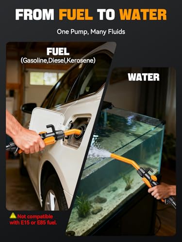 E1 Kraftstoffpumpe, Benzinpumpe Handpumpe Batteriebetrieben Dieselpumpe, 2,6 GMP, Tragbare Saugpumpe mit Kontrolliertem Durchfluss und Auslaufsicherem 59-Zoll-Schlauch für Benzin, Diesel und Wasser