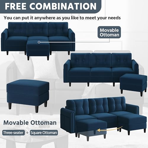 Yaheetech Ecksofa 3-Sitzer Sofa mit Polsterhocker aus Samtstoff Eckcouch in L-Form Rechts/Links fürs Wohnzimmer/Schlafzimmer/Wohnung, Blau – Bild 7