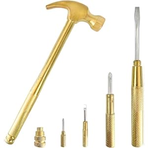 6 in 1 Mini Hammer Brass Hammer with Screwdriver Hand Tools Multifunction Jewelers Hammer Copper Hammer for Repair Mobile Phones, Laptops, Watches, Glasses, Camera,Tablet (Gold)
