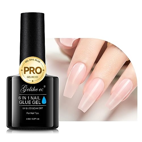 Gelike EC Pegamento De Uñas 6 En 1, Pegamento De Uñas Extra Fuerte Para Puntas De Uñas De Gel Suave, Pegamento De Gel Para Puntas De Uñas Transparentes, Requiere Lámpara Uv 8ml