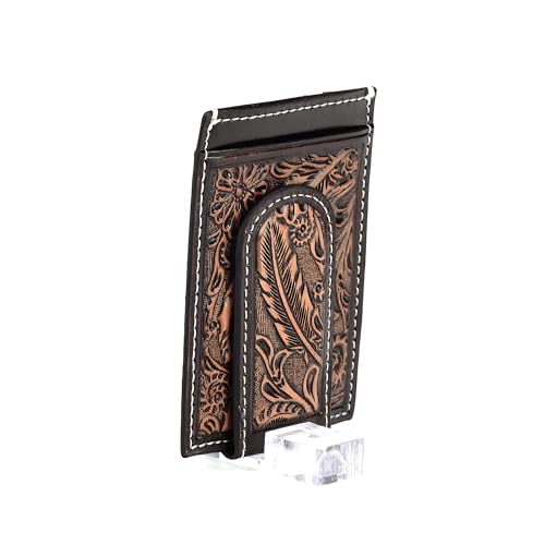 ARIAT Men's Money Clip Wallet - Genuine Leather with Feather Embossed Design, Brown2