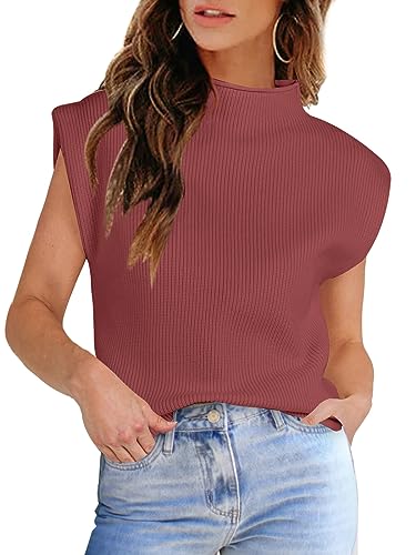 Image of Womens Sleeveless Sweater Vest Turtleneck Ribbed Knit Tank Tops Basic Slim Fit Top