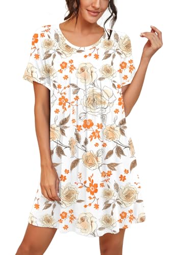 Image of PrinStory Nightgowns for Women Short Sleeve Night Gowns Pleated Sleep Shirt Ladies Nightshirt Soft Sleepwear