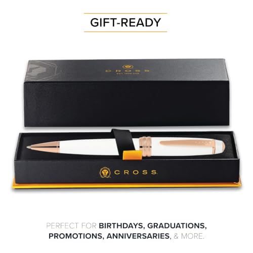 Image of Cross Bailey White & Rose Gold Refillable Ballpoint Pen - Medium Point, Black Ink, Smooth Writing, Presented in a Premium Gift Box