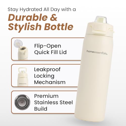 Image of HomeEssentials 950ML Stainless Steel Water Bottle - Vacuum Insulated Thermos for Hot & Cold Drinks - Leakproof Quick Fill Lid & Easy Carry Handle - BPA-Free Sports Flask for Gym, Travel & Hiking