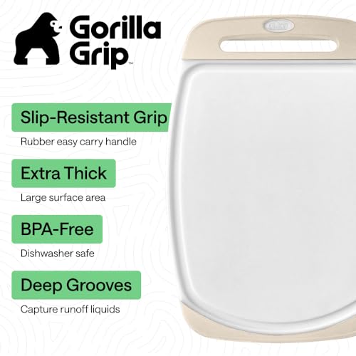 Image of GORILLA GRIP BPA-Free Reversible Kitchen Cutting Board Set of 3, US Designed, Nonporous, Juice Grooves Catch Liquid, Slip Resistant Border, Dishwasher Safe, Durable Large Food Chopping Boards, Almond