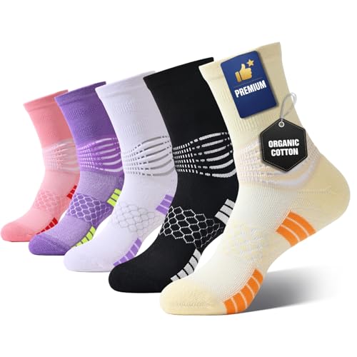 Womens Cotton Crew Compression Socks 5 Pairs Breathable Skin-Friendly with Targeted Ankle Support & Dry-Fit 5 Packs-B Medium Size
