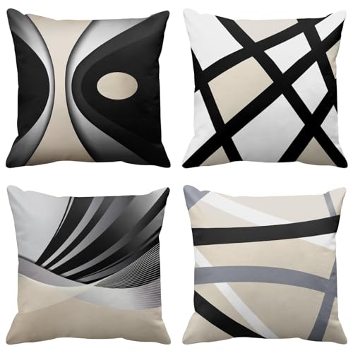 Emvency Set of 4 Beige Throw Pillow Covers Modern Abstract Black Grey Stripes White Acrylic Bold Decorative Pillow Cases Home Decor Square 18x18 Inches Pillowcases