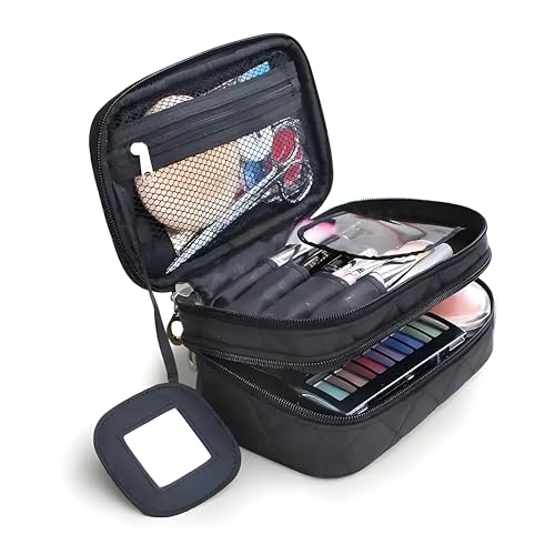 Image of Polyester Cosmetic Bag Travel Professional Cosmetic Makeup Kit Storage Organizer Toiletry Vanity Bag with Adjustable Compartment (Black)