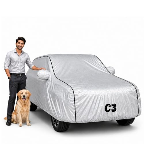 Image of Waterproof Car Cover for C3 | Soft Cotton Lining Heavy Duty Triple Stitched Heat Resistant Outdoor Cover Comes with Mirror and Antenna Pocket Full Bottom Elastic (Zig Zag Silver)