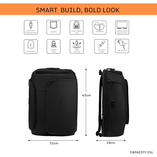 Image of F Gear Shadow Black Anti-Theft Laptop Backpack|25L 4 Pockets 1 Compartment|Premium Water-Resistant|USB & Type C Charging Ports|Fits 17 Inch Laptop|Hidden Pocket, Number Lock, Luggage Strap|Men & Women
