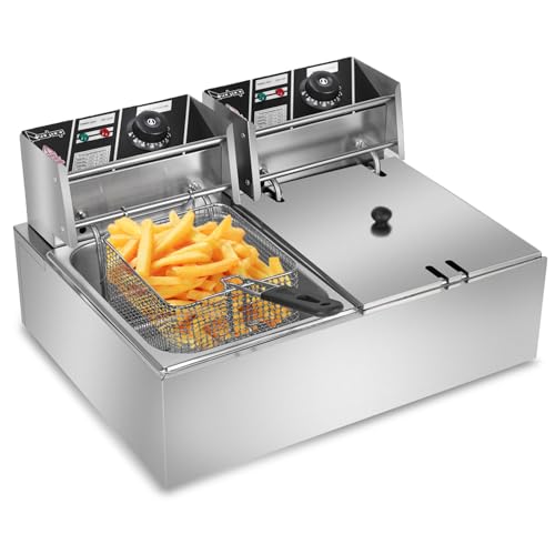 LUMSON EH82 5000W MAX 110V 12.7QT/12L Stainless Steel Double Cylinder Electric Fryer with Countertop Stainless Steel Fryer with Removable Tanks, Temperature Controller and Lids for Home, Restaurant