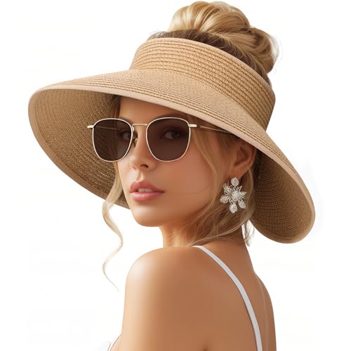 Image of Beach Sun Straw Hats for Women, UPF 50+ UV Sun Protection Wide Brim Summer Straw Hat Foldable Packable Roll up Cap