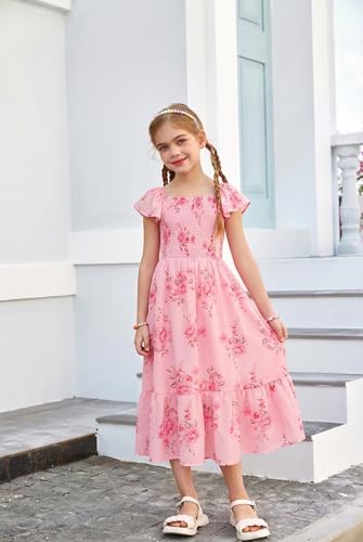 GRACE KARIN Girl Floral Maxi Dress Flutter Sleeve Smocked Spring Summer Boho Dance Dress 10-12 Years,Flowers on Light Pink — view 6