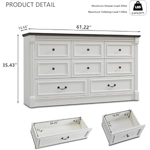 Farmhouse 61" W Buffet Cabinet with Storage, Wood Rustic Sideboard Buffet Cabinet w/8 Drawers, Coffee Bar Cabinet w/Roman Column, Versatile Storage Cabinet for Living Room, Dinning Room, White Farmhouse 61 W Buffet Cabinet with Storage Wood Rustic Sideboard Buffet Cabinet w8 Drawers Coffee Bar Cabinet wRoman Column Versatile Storage Cabinet for Living Room Dinning Room White