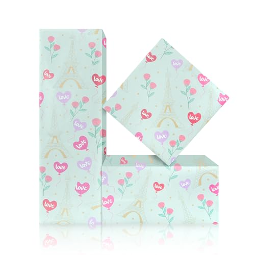 Papier cadeau Paris romantique lot de 4 feuilles motif cœur rose