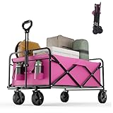 OGCAU Collapsible Foldable Wagon, Heavy Duty Beach Cart, Folding Wagon Portable, Pink Large Capacity Utility Wagon, Garden Cart with Adjustable Handle & Side Pocket for Shopping, Camping, Outdoor