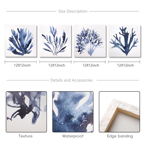ArtbyHannah Bathroom Decor Canvas Wall Art, Navy Blue and White Wall Decor, Beach Ocean Coastal Coral Prints for Bedroom, Dining Decoration (4 Pack, 12x12 Inch) - Image 4