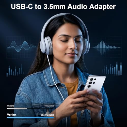 Image of Verilux Type C to 3.5 mm Audio Jack Connector, 3.5 mm Jack to Type C HiFi Headphone Jack Cable Cord with DAC CX31993 Chipset Hi-Res 32bit /384KHz for iPhone 17 /16 /15, Galaxy S26 /S25 /S24, Pixel 9, iPad