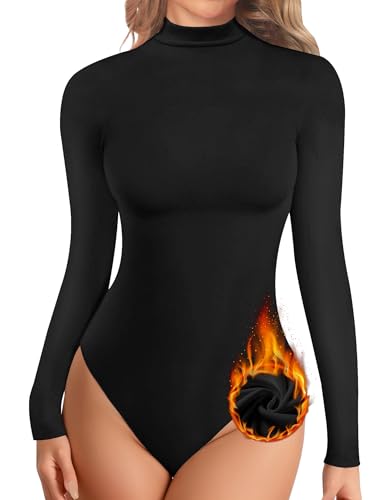 YOGINGO Womens Long Sleeve Mock Turtle Neck Fleece Lined Bodysuits Basic Going Out BodySuit Leotards for Colder Weather