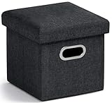 Ornavo Home 12 Inches Small Storage Ottoman with Handles, Foldable Collapsible Cube Square Linen Ottoman Foot Rest Stool Seat, for Living Room, Bedroom, Home Office, Dorm, Black