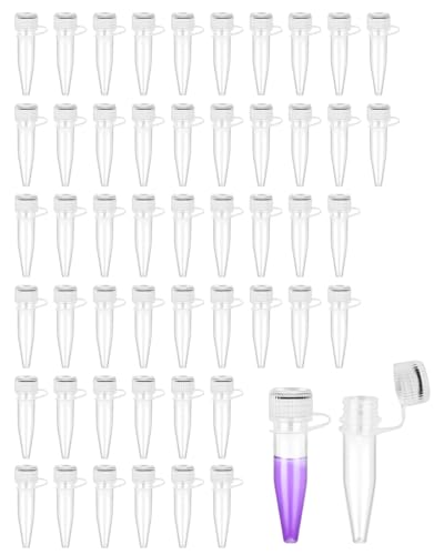 JUKOTA 50 Piezas 1.5 ml Tubo de Laboratorio de Plástico, Tubos de Ensayo Congelados de Plástico, Tubo de Ensayo de Plástico Transparente con Tapa, Tubo de Centrifugado de Plástico para laboratorio