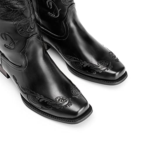 Image of DREAM PAIRS Women's Square Toe Cowboy Cowgirl Boots Pull On Low Chunky Heel Mid Calf Western Boots with Embroidered Stitched for Theme Party Country Concert